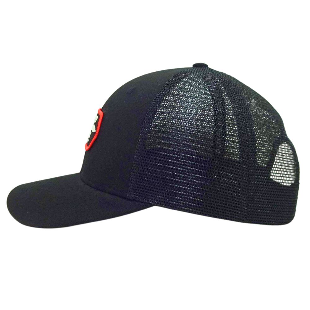 Black Trucker 6 Panel Woven Patch Merrow Structured Crown Printed Seam Tapes Slight Curved Brim Custom Label Inside and Outside 4