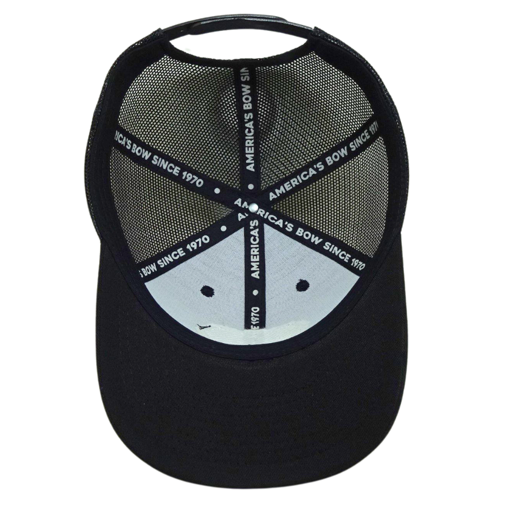 Black Trucker 6 Panel Woven Patch Merrow Structured Crown Printed Seam Tapes Slight Curved Brim Custom Label Inside and Outside 6