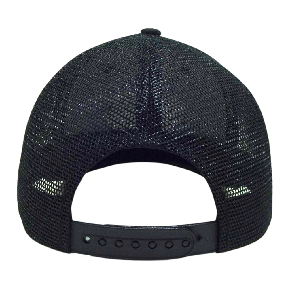 Black Trucker 6 Panel Woven Patch Merrow Structured Crown Printed Seam Tapes Slight Curved Brim Custom Label Inside and Outside 7