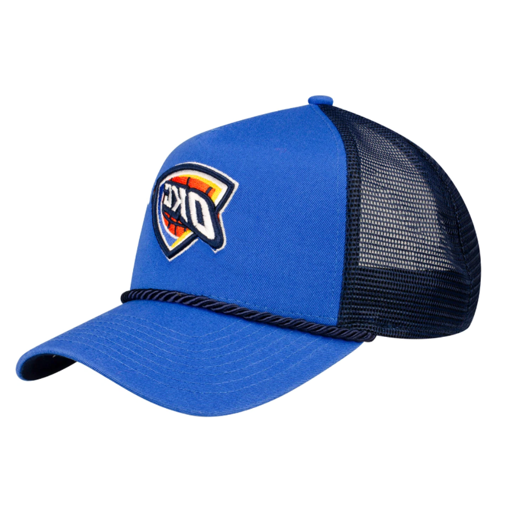 Blue 6 Panel Trucker Hat Structured Gorras Embroidered Custom Black/White Rope On Brim Contrast Stitching Line Snapback Closure 3