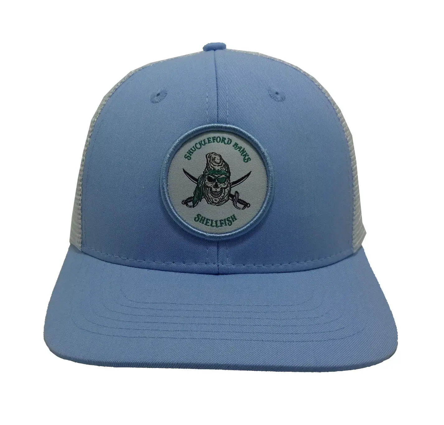 Blue Color Woven Patch logo 6-Panel Curved Brim High Quality Medium Profile Cotton and Mesh Fabric Trucker Hat 1