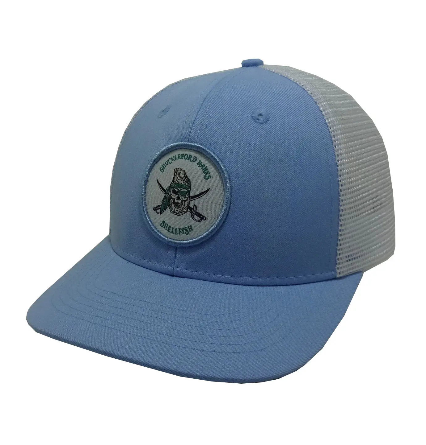 Blue Color Woven Patch logo 6-Panel Curved Brim High Quality Medium Profile Cotton and Mesh Fabric Trucker Hat 2