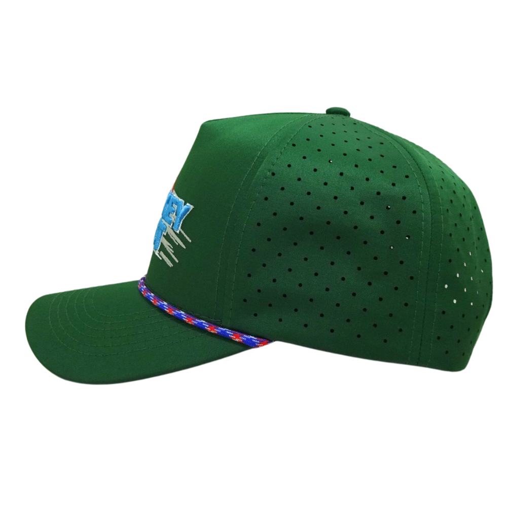 Bulk OEM Order 5 Panel Green Waterproof Laser Cut Hole Perforated With Rope Structured Embroidery Cap for Men and Women All Ages 4