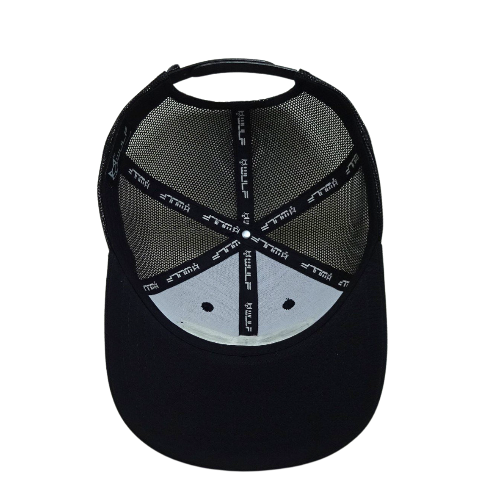 Bulk Order High Quality Custom Rubber Logo Patch Trucker Hat Semi Curve Black Mesh and Logo on Left Side Single Breasted Buckle 5