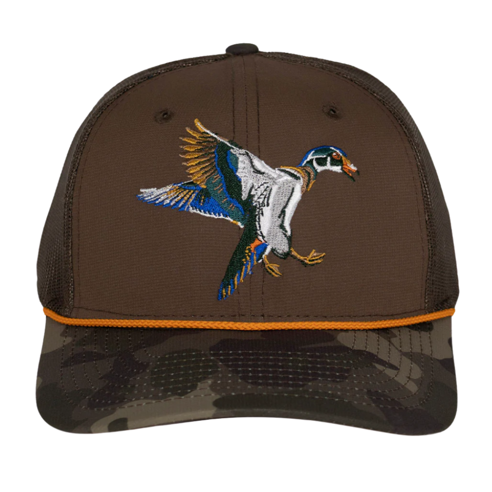 Camo Brim Caps Gorras 2D Embroidered Mallards Animal Camouflage Trucker Hat Curved Brim 6 Panel Snapback Closure OEM For Hunting