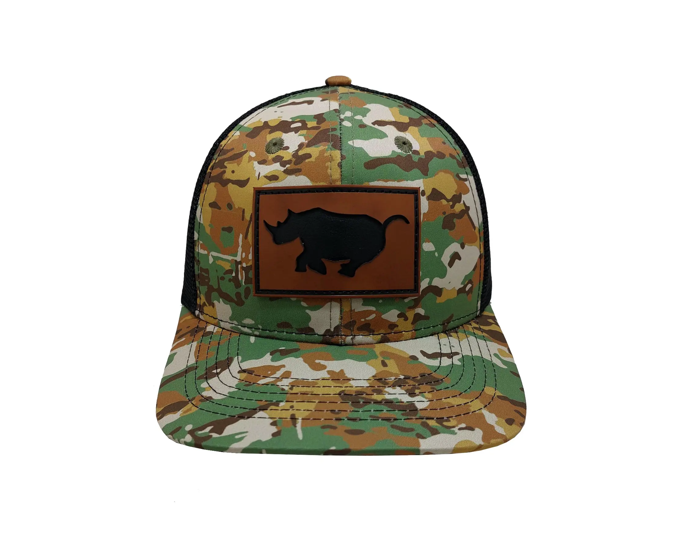 Camo Leather Patch Logo Hiphop Wholesale Products Trucker Hat 6-Panel Curved Brim High Quality Gorras Sports Cap Trucker Hat 1