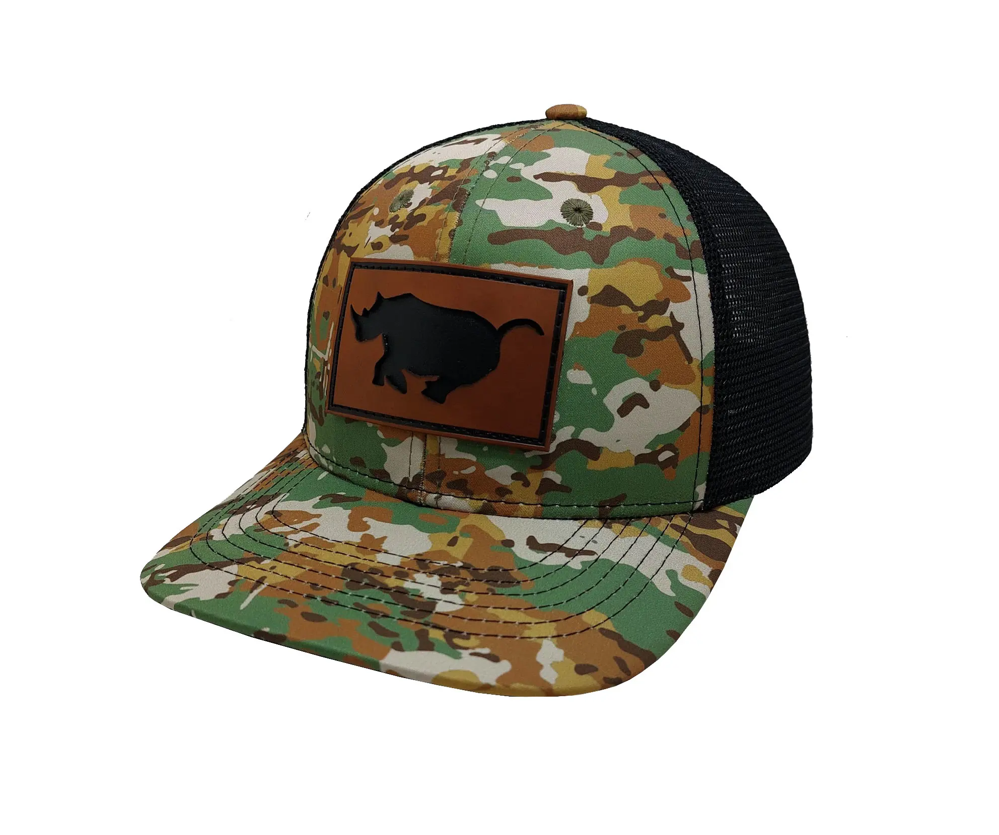 Camo Leather Patch Logo Hiphop Wholesale Products Trucker Hat 6-Panel Curved Brim High Quality Gorras Sports Cap Trucker Hat 2