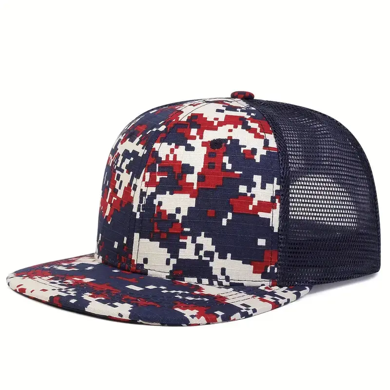 Camo Sublimation Print Flat Brim Trucker Hat High Quality Custom Logo Hiphop Mesh Back Multi Color Plastic Buckle Trucker Hat 3