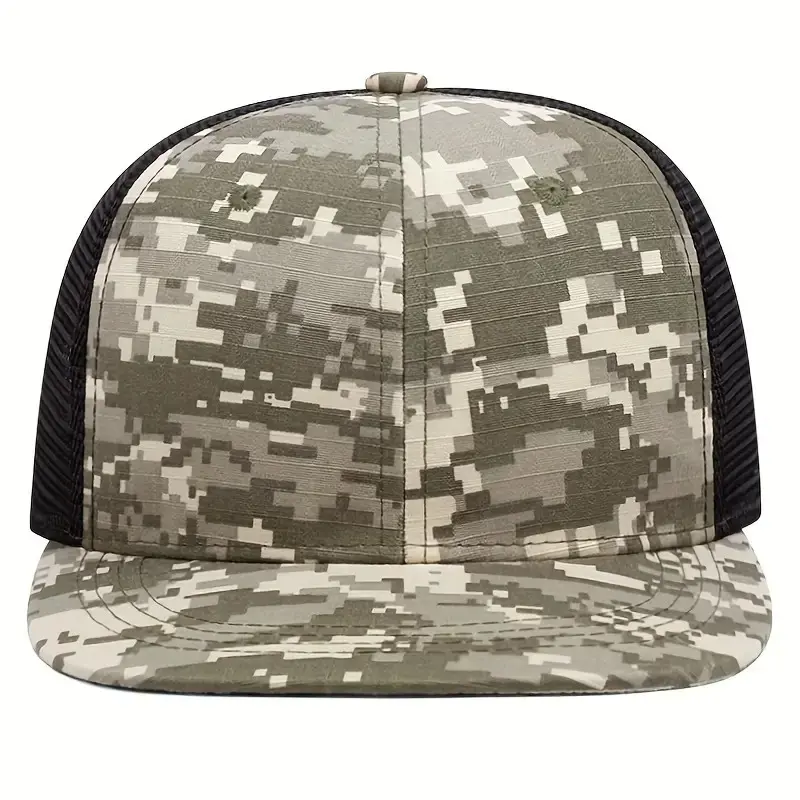 Camo Sublimation Print Flat Brim Trucker Hat High Quality Custom Logo Hiphop Mesh Back Multi Color Plastic Buckle Trucker Hat 4