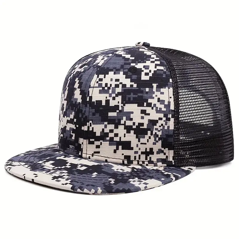 Camo Sublimation Print Flat Brim Trucker Hat High Quality Custom Logo Hiphop Mesh Back Multi Color Plastic Buckle Trucker Hat 2