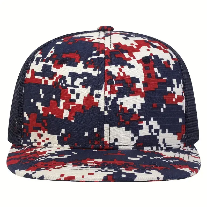Camo Sublimation Print Flat Brim Trucker Hat High Quality Custom Logo Hiphop Mesh Back Multi Color Plastic Buckle Trucker Hat 5