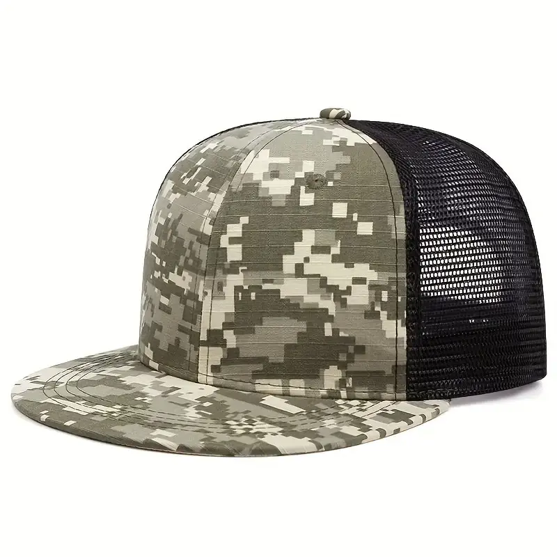 Camo Sublimation Print Flat Brim Trucker Hat High Quality Custom Logo Hiphop Mesh Back Multi Color Plastic Buckle Trucker Hat 1