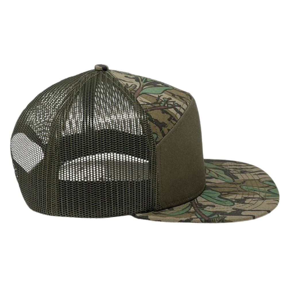 Camouflage 7 Panel Trucker Hats Gorras 3D Embroidered/Woven Logo Adjustable Cap Mesh Flat Brim Snapback Single Row Buckle Unisex 3