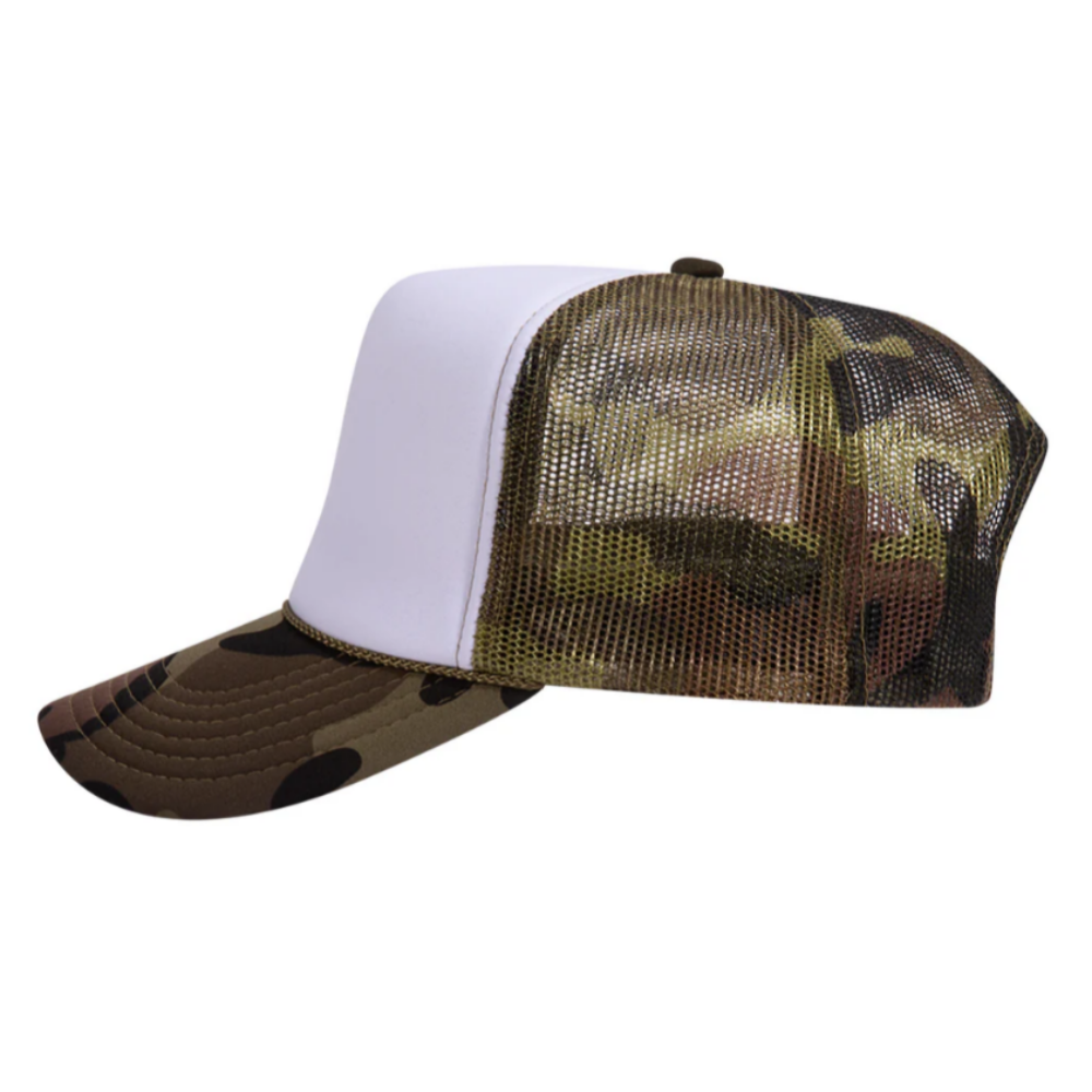 Camouflage Foam Trucker Hat 5 Panel Printed Logo Animal Pattern Custom Mesh Curve Brim Plastic Single Row Buckle Snapback Unisex 3