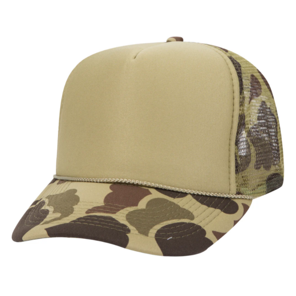 Camouflage Foam Trucker Hat 5 Panel Printed Logo Animal Pattern Custom Mesh Plastic Single Row Buckle Beige for All Ages Unisex 4