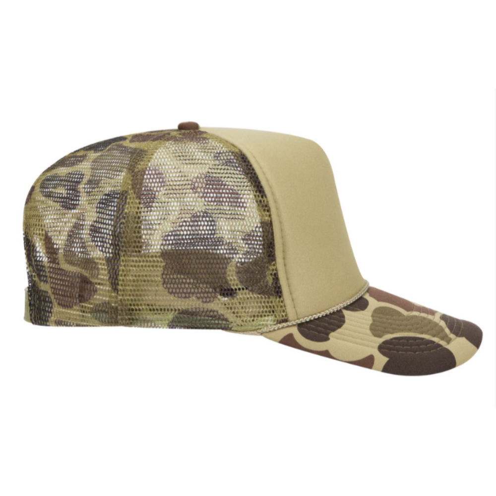 Camouflage Foam Trucker Hat 5 Panel Printed Logo Animal Pattern Custom Mesh Plastic Single Row Buckle Beige for All Ages Unisex 5