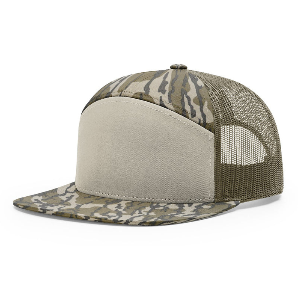 Camouflage Snapback Trucker Hat 7 Panel Gorras Leather Patch Flat Brim Structured Breathable IMesh Single Row Buckle Closure OEM 5