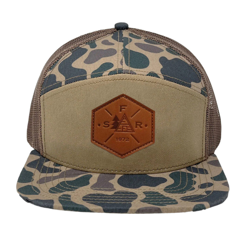 Camouflage Snapback Trucker Hat 7 Panel Gorras Leather Patch Flat Brim Structured Breathable IMesh Single Row Buckle Closure OEM 2