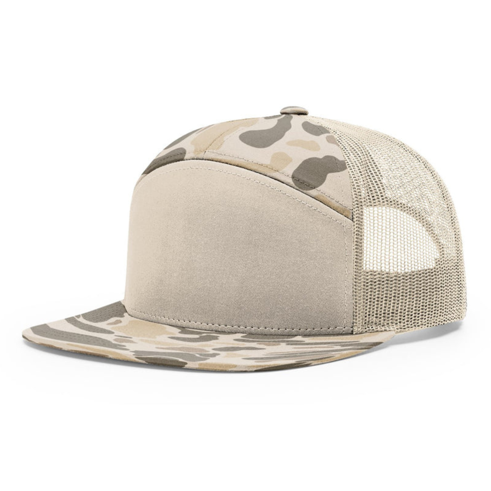 Camouflage Snapback Trucker Hat 7 Panel Gorras Leather Patch Flat Brim Structured Breathable IMesh Single Row Buckle Closure OEM 4