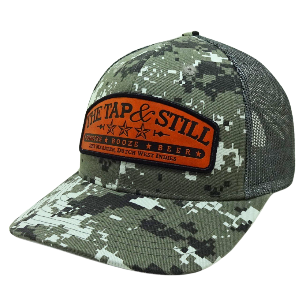 Camouflage Trucker Caps Leather Logo Patches Gray Under Brim and Inside Gray Mesh Single Breasted Buckle Your Own Inner Tags OEM 2