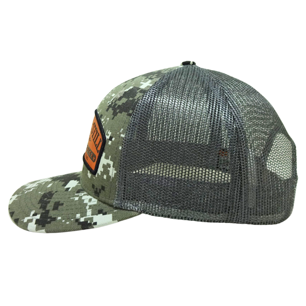 Camouflage Trucker Caps Leather Logo Patches Gray Under Brim and Inside Gray Mesh Single Breasted Buckle Your Own Inner Tags OEM 3