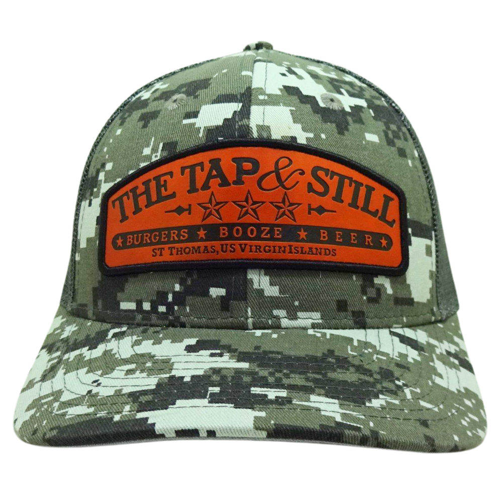 Camouflage Trucker Caps Leather Logo Patches Gray Under Brim and Inside Gray Mesh Single Breasted Buckle Your Own Inner Tags OEM 1