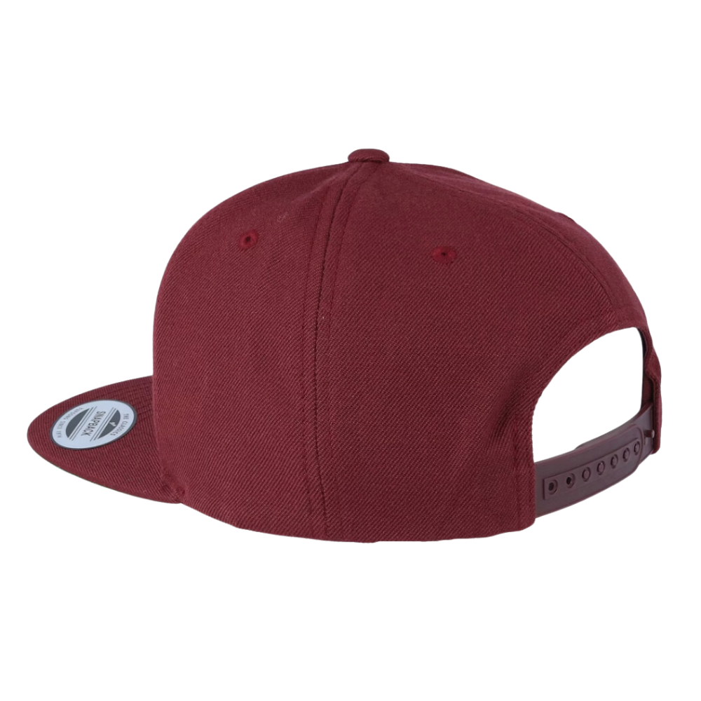 Classic Snapback 6 Panel Custom Under Brim Color Embroidery/Woven Patch on Front and Left Side Sticker on Bill Single Row Buckle 4