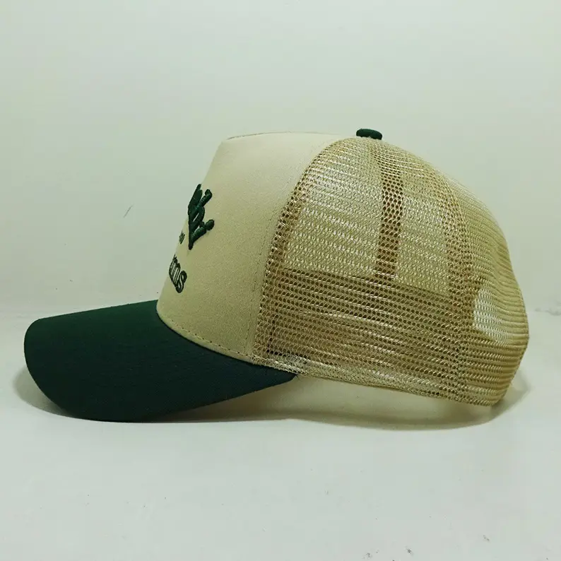 Curved Brim 5 Panel Trucker Hat With Mesh Back High Quality Embroidered Logo Two Tone Design Vietnam Made Outdoor Caps L01 4