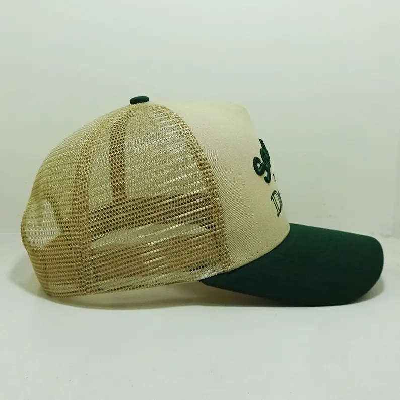 Curved Brim 5 Panel Trucker Hat With Mesh Back High Quality Embroidered Logo Two Tone Design Vietnam Made Outdoor Caps L01 5