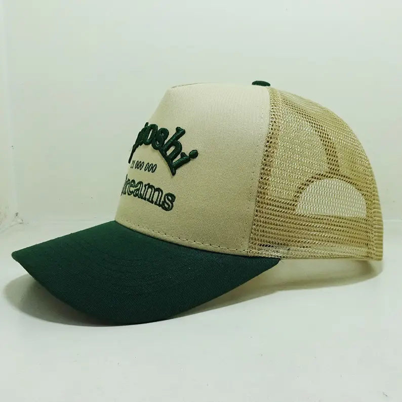 Curved Brim 5 Panel Trucker Hat With Mesh Back High Quality Embroidered Logo Two Tone Design Vietnam Made Outdoor Caps L01 3