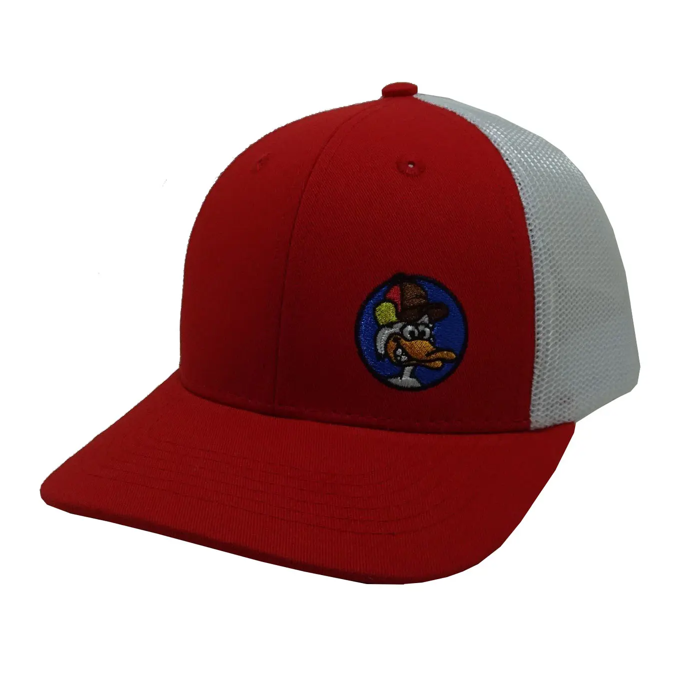 Curved Brim 6 Panels 2D Embroidery High Quality Red Color Medium Profile Mesh Fabric Trucker Hat Support Samples 2