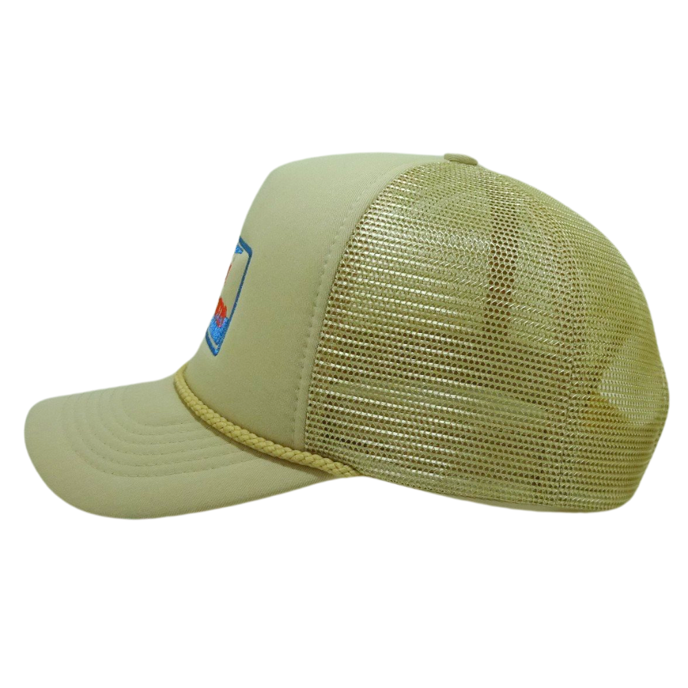 Custom 5 Panel Foam Trucker Hat With Same Yellow Mesh Embroidery Logo Semi Curved Brim With Rope Single Breasted Buckle Outing 4
