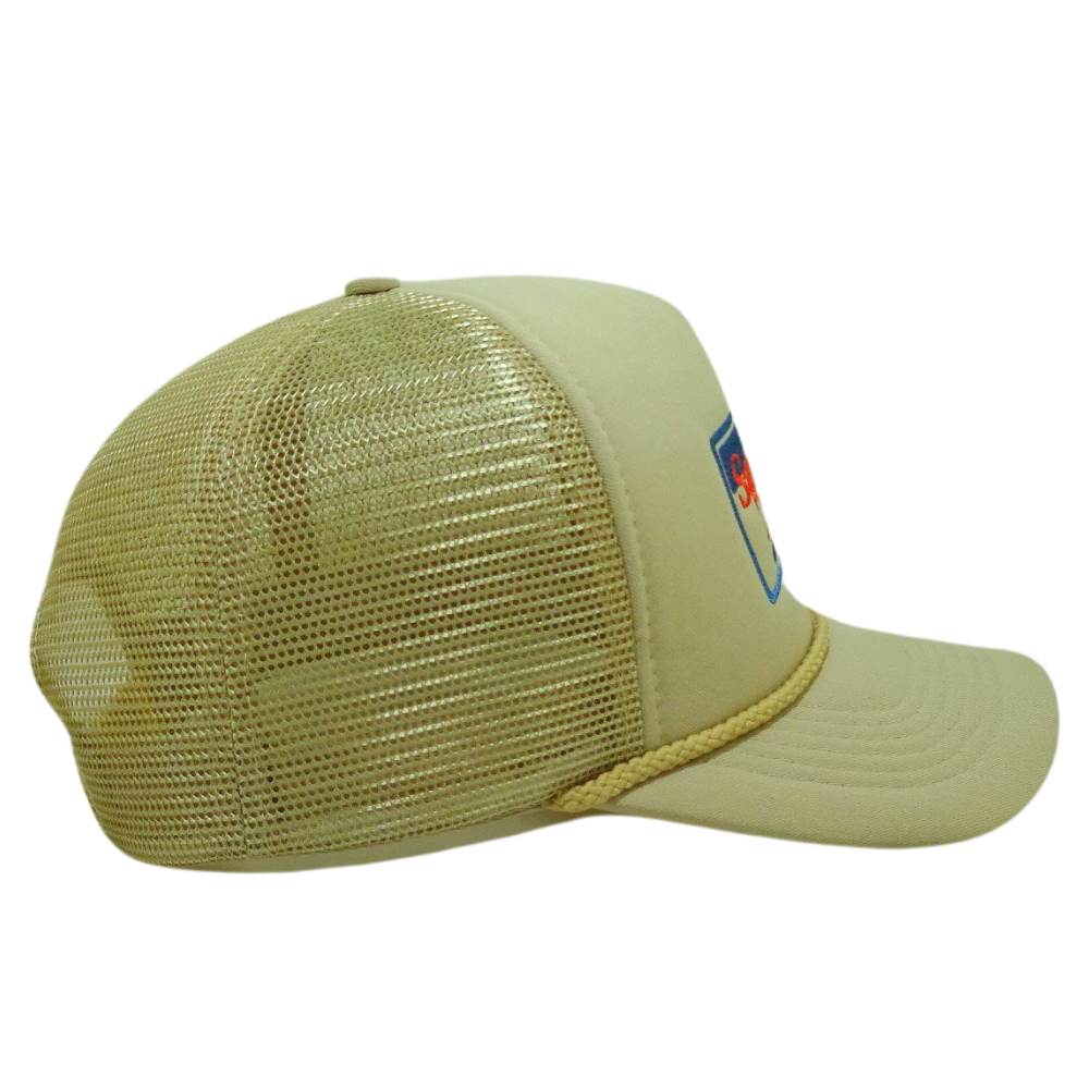 Custom 5 Panel Foam Trucker Hat With Same Yellow Mesh Embroidery Logo Semi Curved Brim With Rope Single Breasted Buckle Outing 5