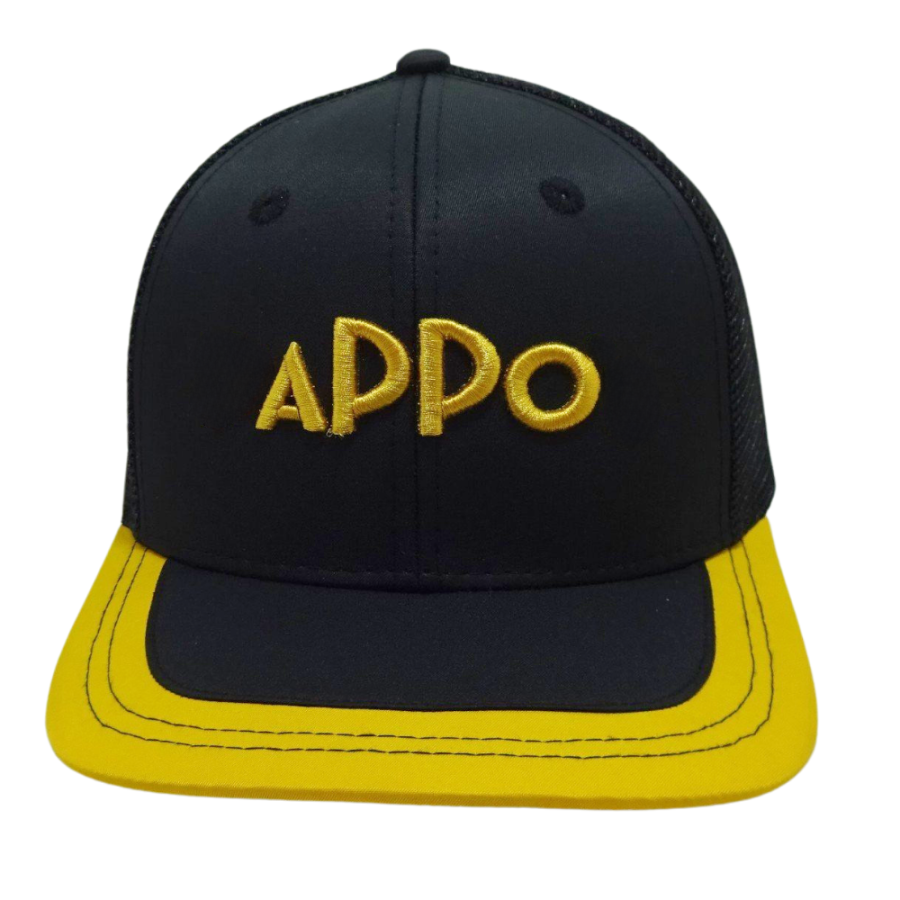 Custom 6 Panel Black Yellow Trucker Hat 3D Embroidery Logo Contrast Thread on Brim Structured Plastic Single Breasted Buckle OEM 2