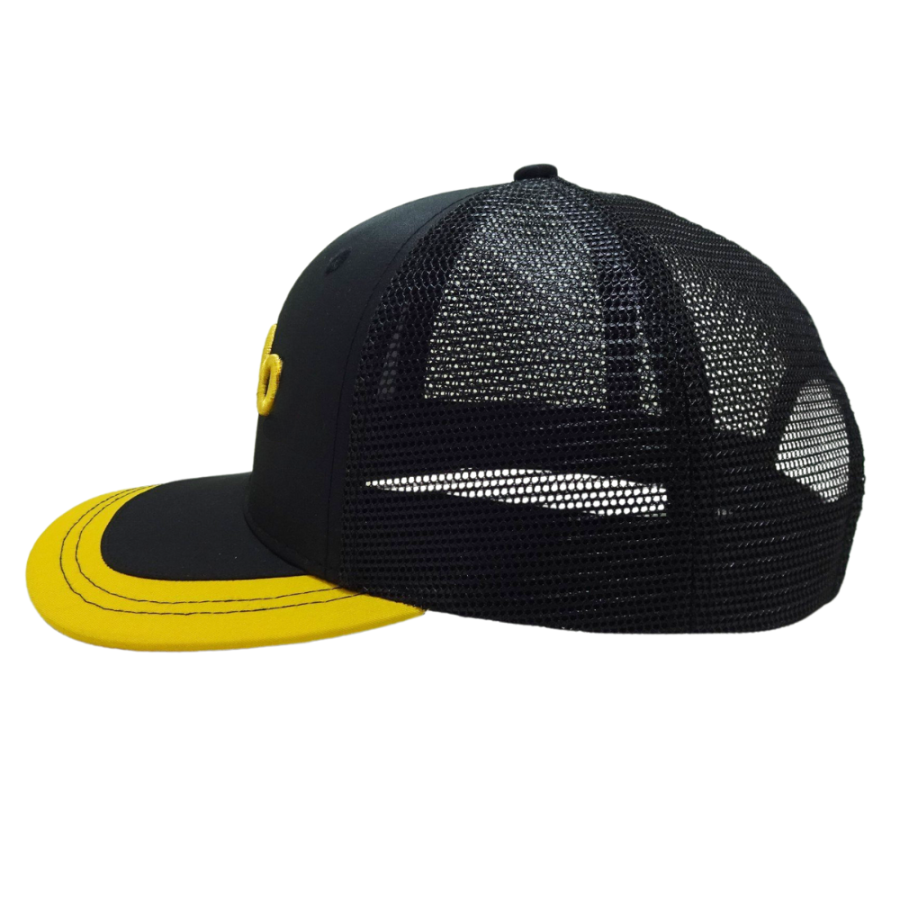 Custom 6 Panel Black Yellow Trucker Hat 3D Embroidery Logo Contrast Thread on Brim Structured Plastic Single Breasted Buckle OEM 4