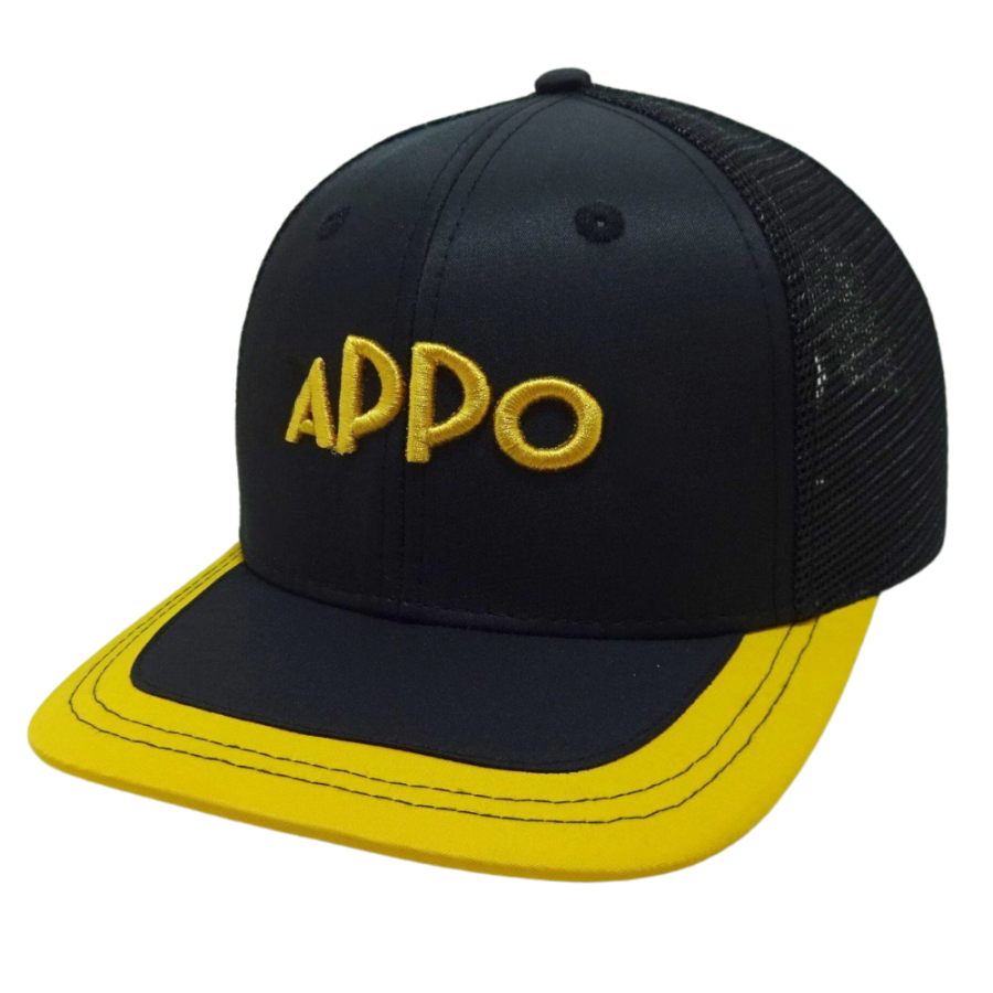 Custom 6 Panel Black Yellow Trucker Hat 3D Embroidery Logo Contrast Thread on Brim Structured Plastic Single Breasted Buckle OEM 3