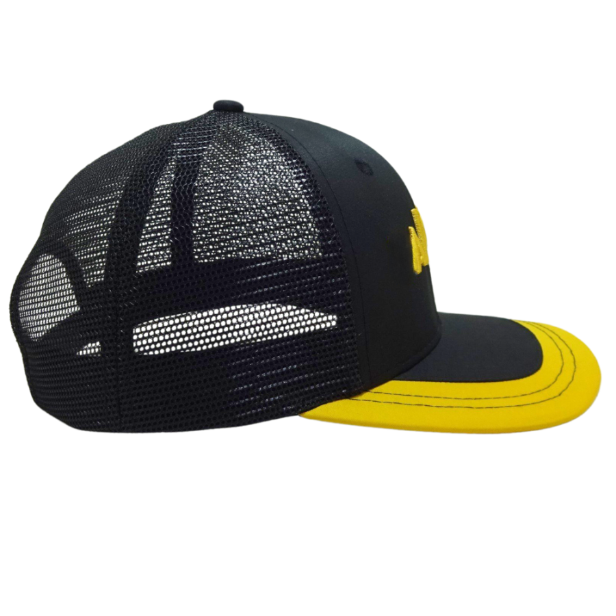 Custom 6 Panel Black Yellow Trucker Hat 3D Embroidery Logo Contrast Thread on Brim Structured Plastic Single Breasted Buckle OEM 5