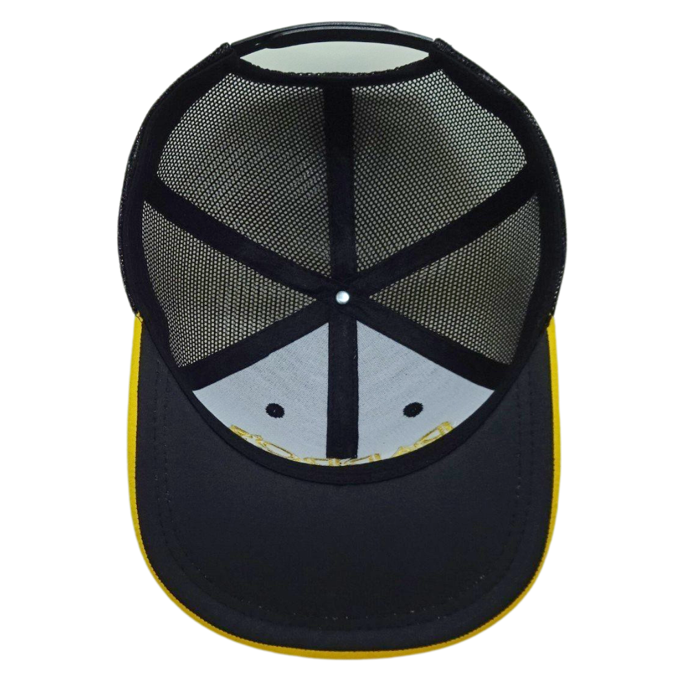Custom 6 Panel Black Yellow Trucker Hat 3D Embroidery Logo Contrast Thread on Brim Structured Plastic Single Breasted Buckle OEM 6