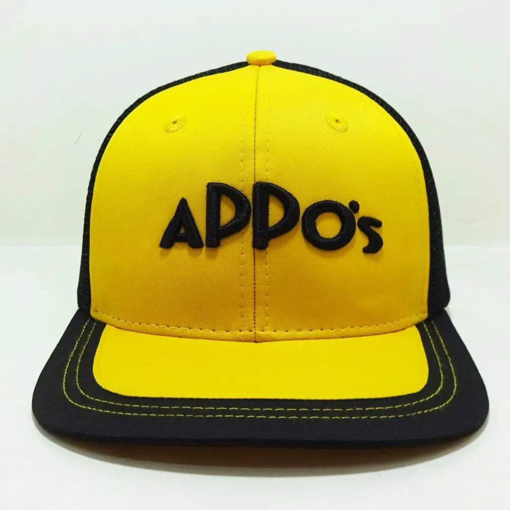 Custom Brim Color Yellow/Black Snapback Trucker Hats 6 Panels Structured Black Mesh Adjustable Single Row Buckle Closure Unisex 1
