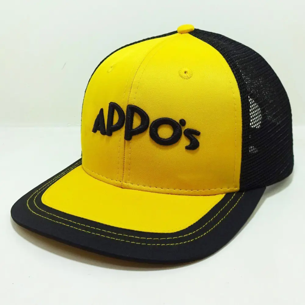 Custom Brim Color Yellow/Black Snapback Trucker Hats 6 Panels Structured Black Mesh Adjustable Single Row Buckle Closure Unisex 2