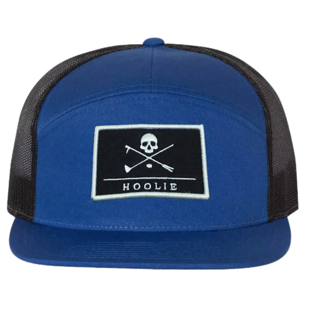 Custom Embroidered Logo Patch 7 Panel Trucker Hats Contrast Color Black Mesh Breathable Adjustable Single Row Buckle Wholesale 5