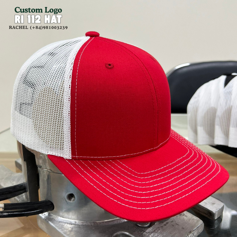 Custom Embroidered Logo Patch Trucker Hats 6 Panel Gorras Red/Black Precurve Brim Breathable Mesh Adjustable Plastic Snapback 5
