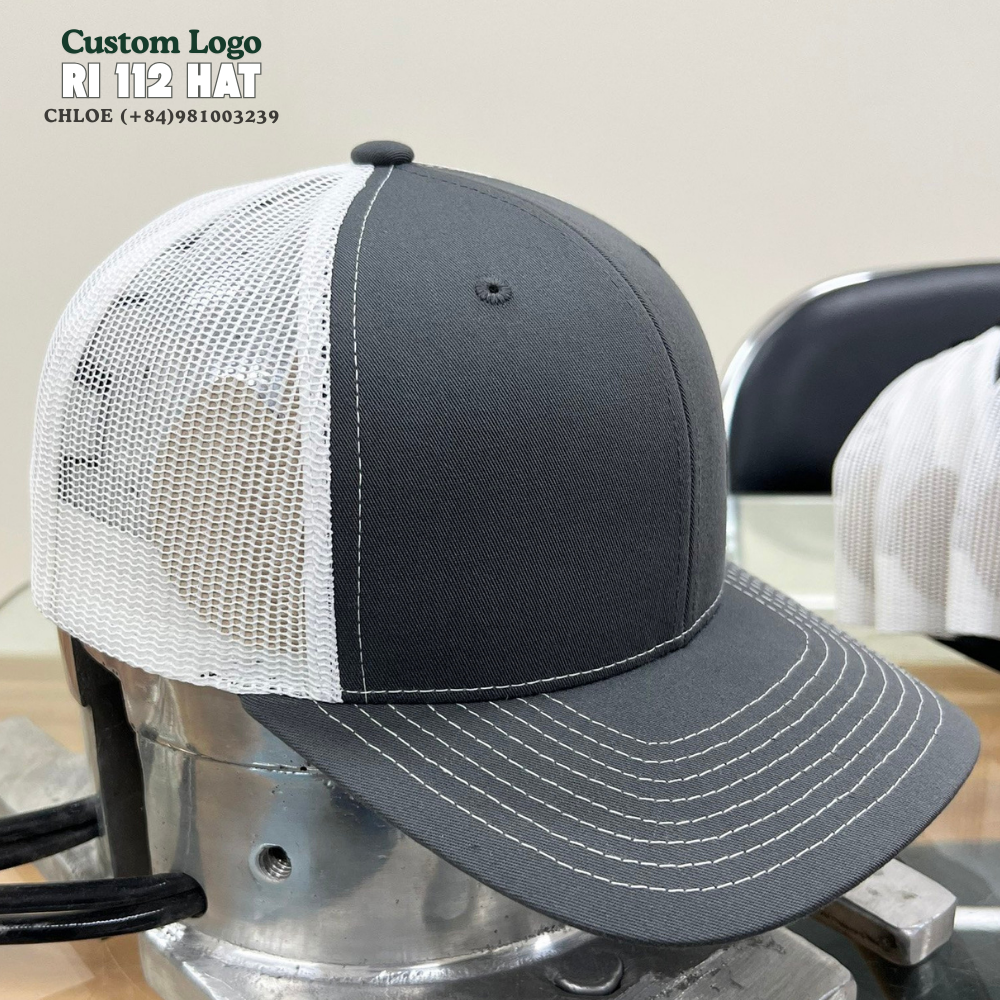 Custom Leather Logo Patch R 112 Trucker Hat Gray/Black Mesh Flat Brim Snapback Adjustable Single Row Buckle for All Ages Unisex 5