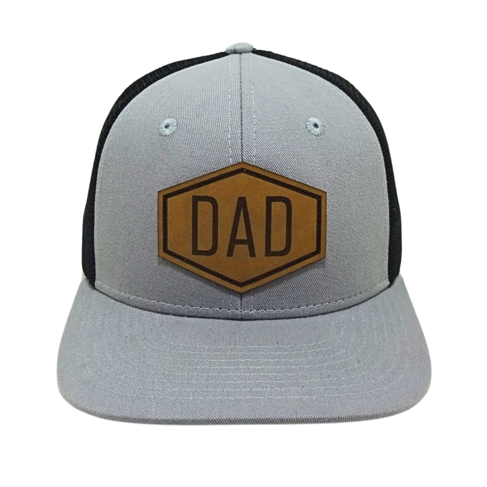 Custom Leather Logo Patch R 112 Trucker Hat Gray/Black Mesh Flat Brim Snapback Adjustable Single Row Buckle for All Ages Unisex 2