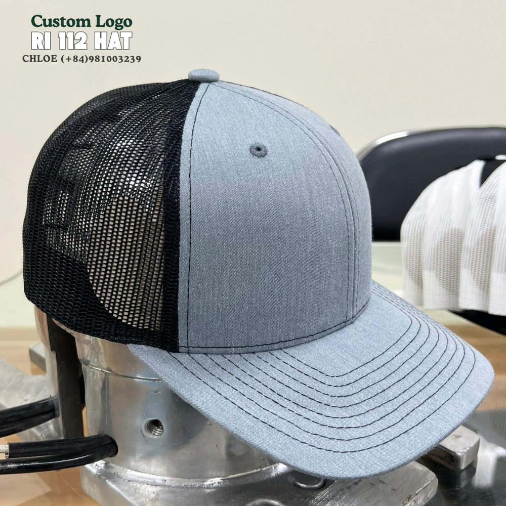 Custom Leather Logo Patch R 112 Trucker Hat Gray/Black Mesh Flat Brim Snapback Adjustable Single Row Buckle for All Ages Unisex 4