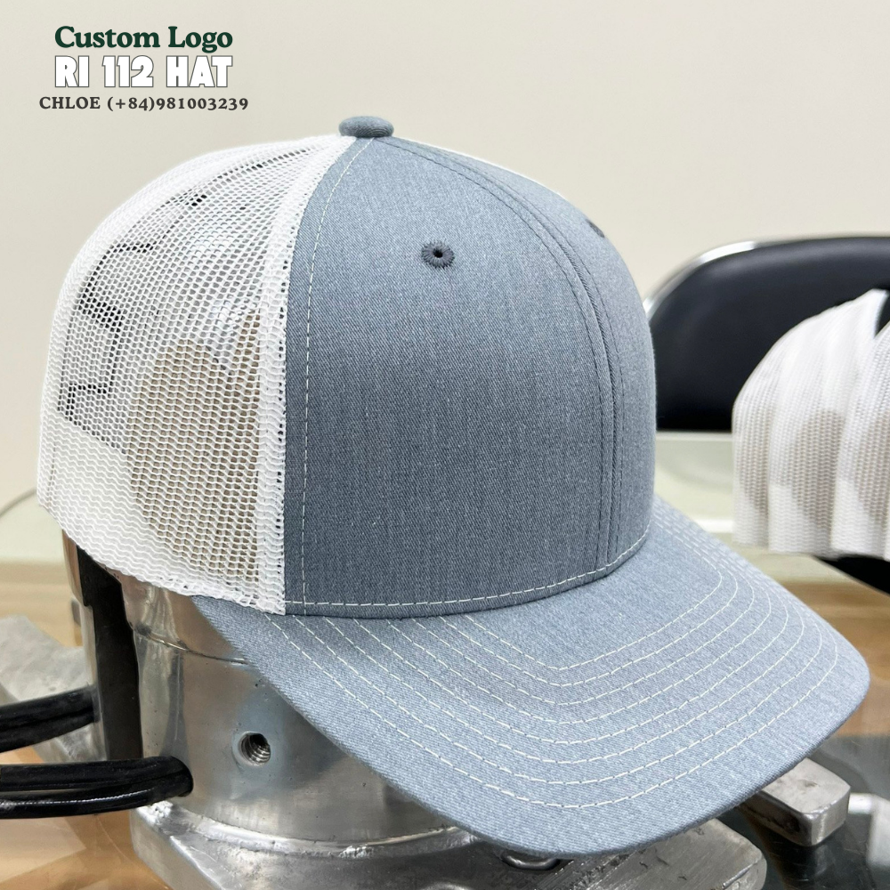 Custom Leather Logo Patch R 112 Trucker Hat Gray/Black Mesh Flat Brim Snapback Adjustable Single Row Buckle for All Ages Unisex 6