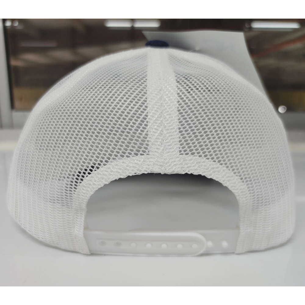 Custom Leather Logo Patch Ri 112 Trucker Hat OEM Navy Blue White Mesh and Stitching Line on Brim 2 Eyelets for Many Style Outing 5