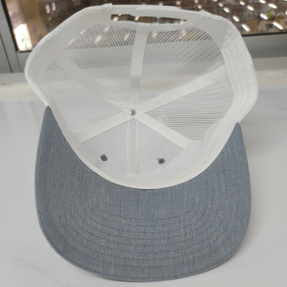 Custom Leather Logo Patch Ri 112 Trucker Hat OEM Navy Blue White Mesh and Stitching Line on Brim 2 Eyelets for Many Style Outing 4