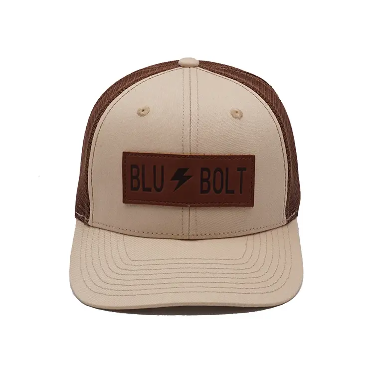 Custom Leather Patch Logo High Grade Mesh Trucker Cap 6-Panel Curved Brim High Quality Brown Color Medium Profile Trucker Hat 1