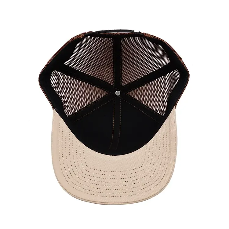 Custom Leather Patch Logo High Grade Mesh Trucker Cap 6-Panel Curved Brim High Quality Brown Color Medium Profile Trucker Hat 5